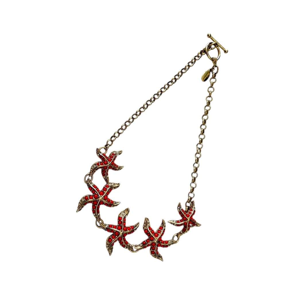 Ann Taylor Coral and Gold tone 5 Starfish Necklace toggle  closure